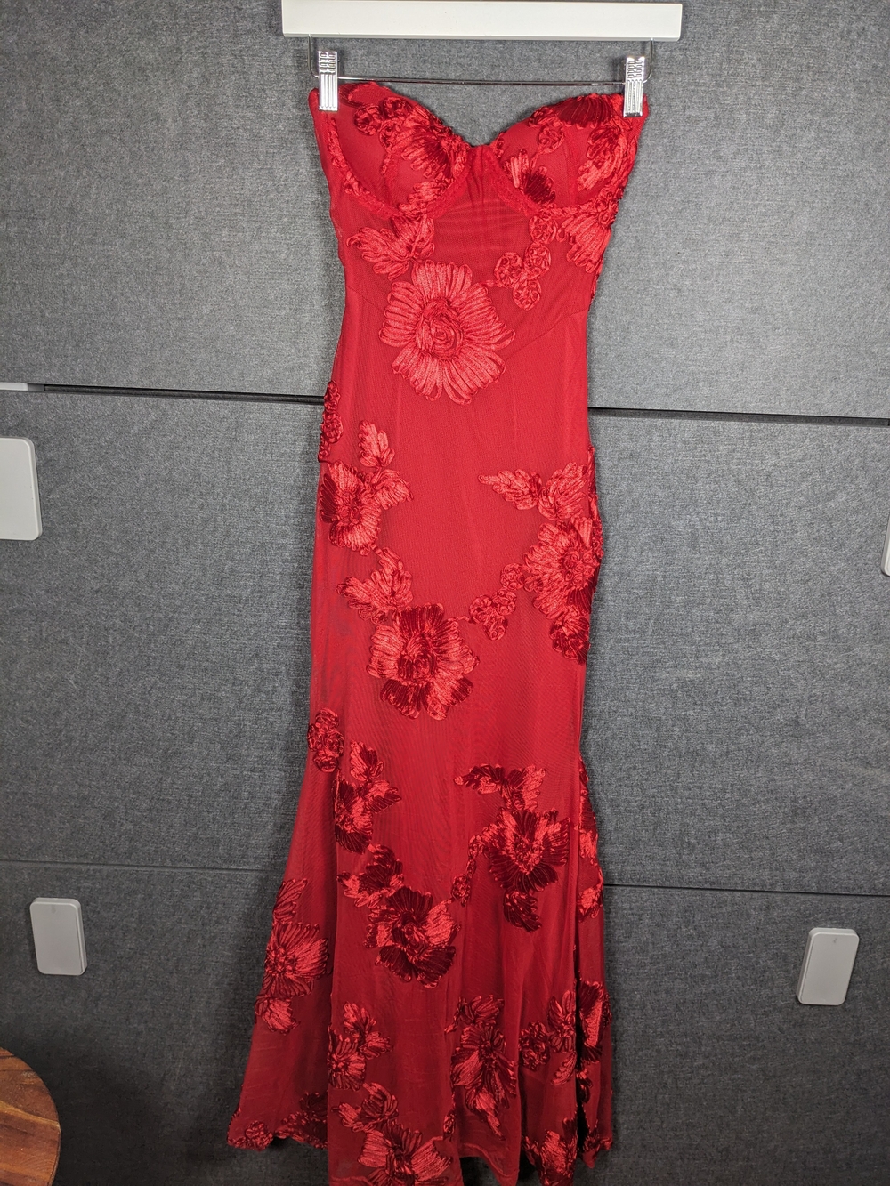 Strapless Red Floral Applique Evening Gown